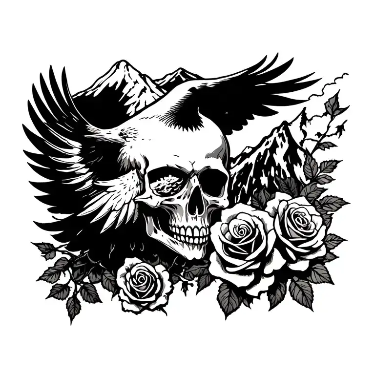 Skull & Roses With An Eagle Flying Over A Mountain