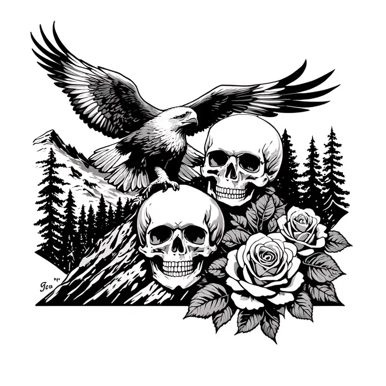 Skull & Roses On A Mountain With An Eagle Flying Over