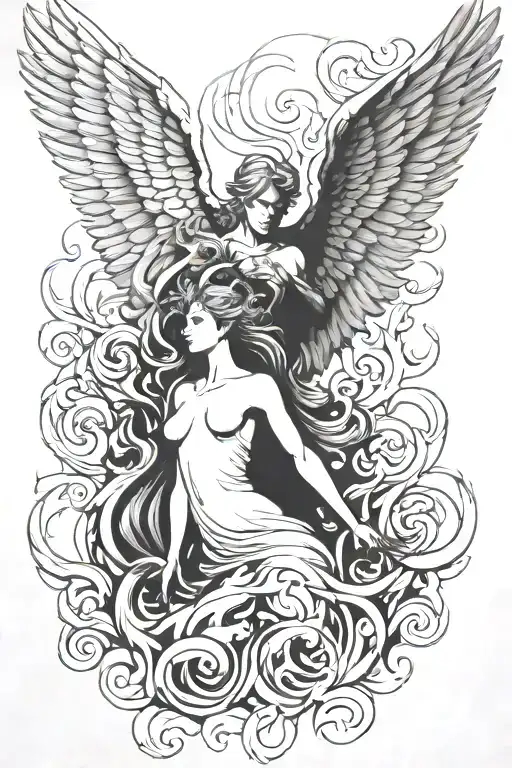 Angel And Phoenix Rising From Flames