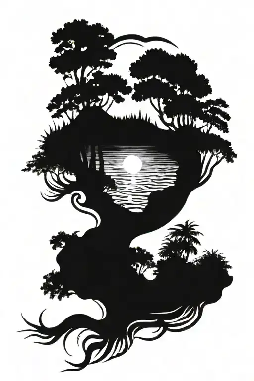 Sinuous River With Rainforest Trees In The Margins And The Sun Setting In Its Source