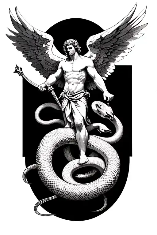 A Half Leg Sleeve Tattoo Of The Archangel Michael Slaying A Snake