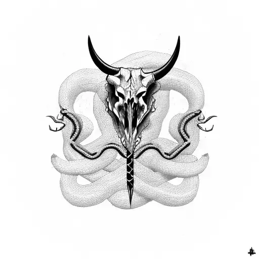 Bull Skull With Snake And Sword