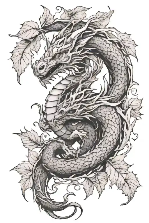Mythical Dragon With Autumn Leaves Intertwined