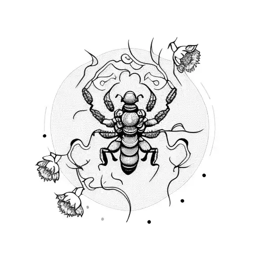 A Beautiful Blackwork Tattoo Of A Scorpio Surrounded By Delicate Flowers