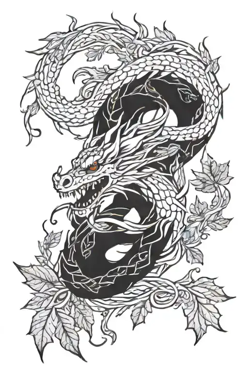 Mythical Dragon With Autumn Leaves Intertwined