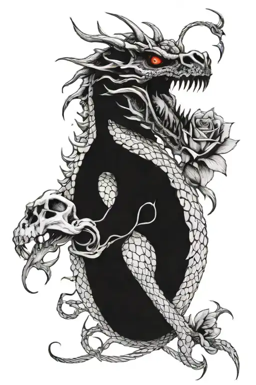 Dragon Eating A Skull And Intertwined With A Rose
