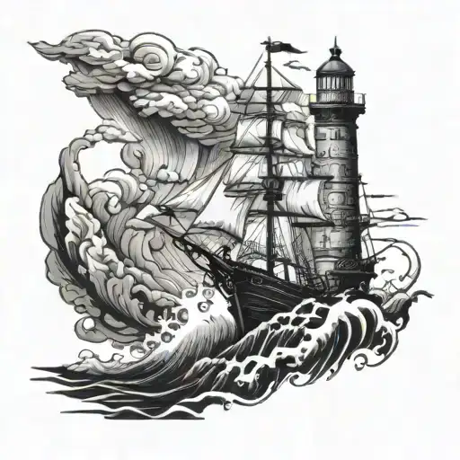 Lighthouse With A Pirate Ship In A Storm