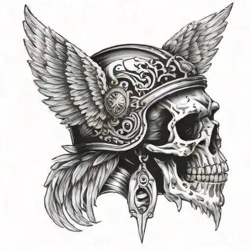 Skull In A Helmet With Fantasy Style Wings On The Throat