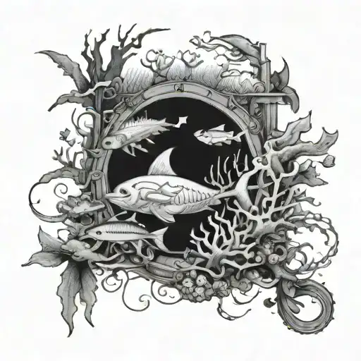 A Detailed Underwater Scene With Marine Life And A Hidden Military Symbol Incorporated