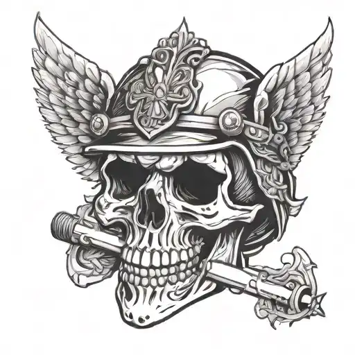 Skull With A Grin In A Helmet With Wings And A Cigarette In