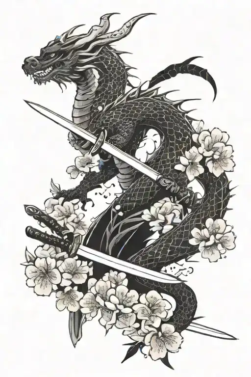 Japanese Style Katana And A Dragon With Sakura Blossom Minimalist