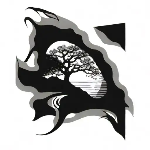 Flowing River Under Large Oak Tree Growing