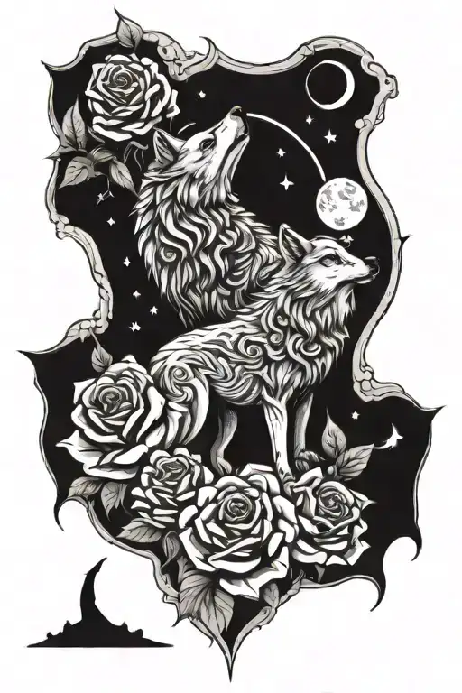 Roses And Wolf Howling At The Moon