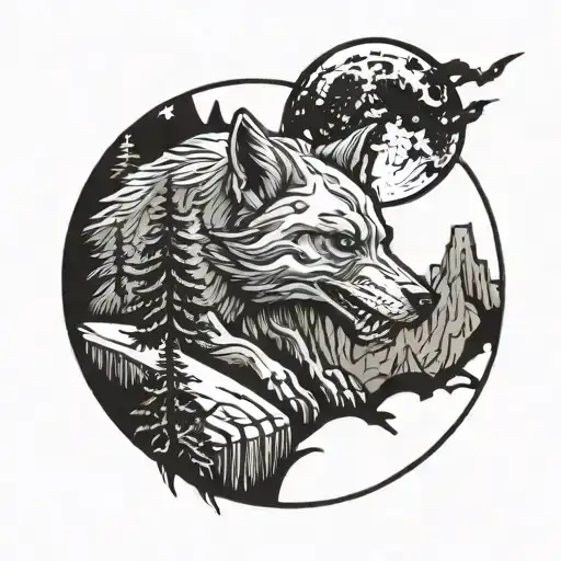 Skull Wolf Howling At The Moon Mountain Landscape