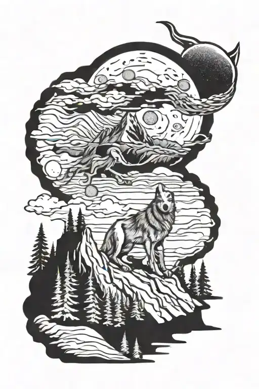 Skull Wolf Howling At The Moon Mountain Landscape