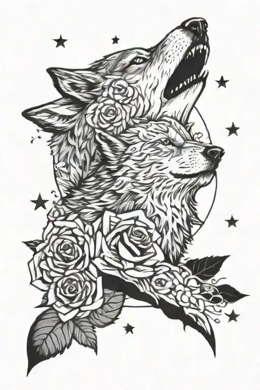 Roses And Wolf Howling At The Moon Surrounded By Stars
