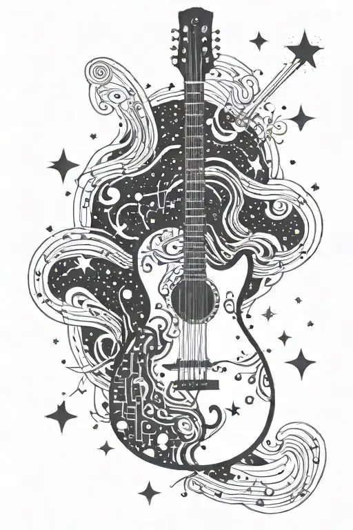 A Cosmic Guitar Surrounded By Swirling Galaxies And Constellations