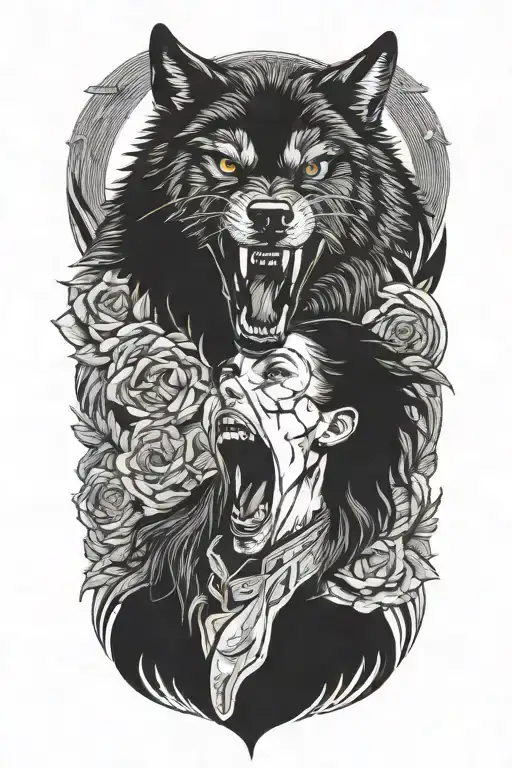Black Wolf Growling With Woman Standing