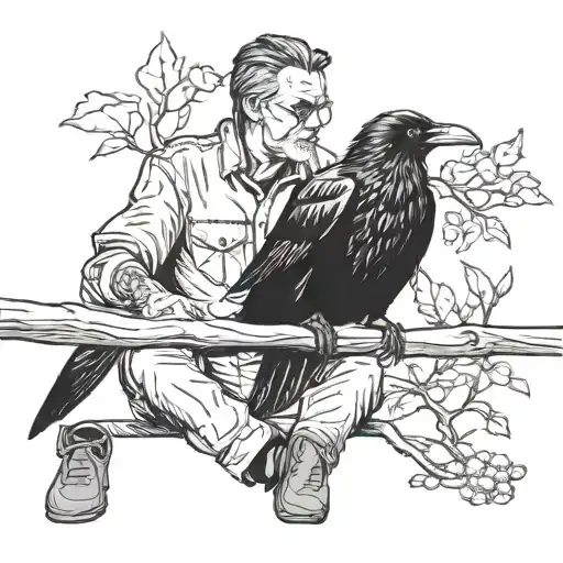 Lonely Man And A Raven Sitting