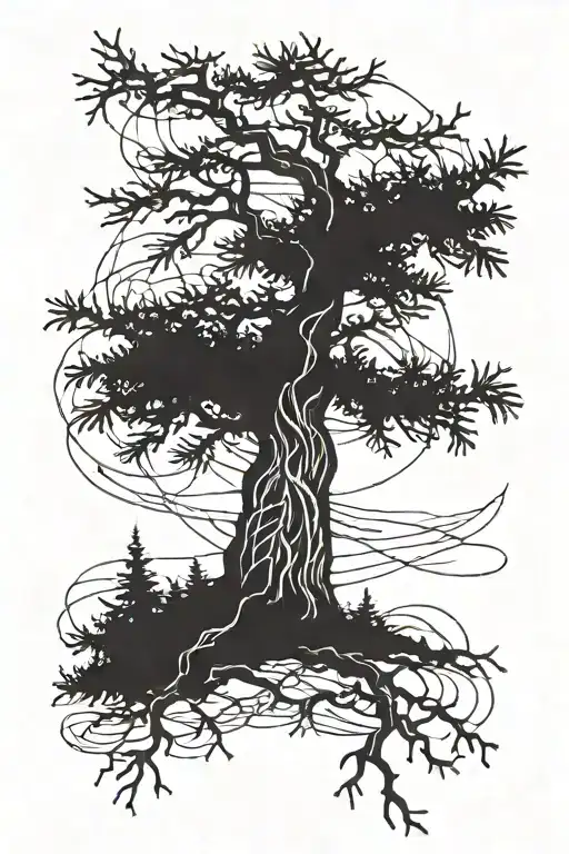 A Pine Tree With Ropes On Its Branches And Scars On Its Trunk