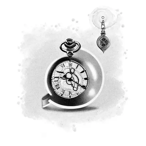 Black And White Broken Pocket Watch Tattoo In Roman Numbers With Some Watch Parts Around It