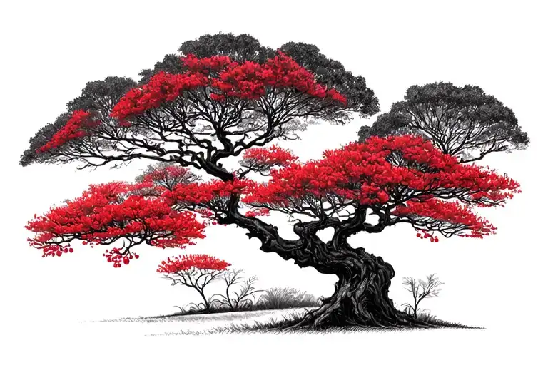 Centenary Cherry Tree In The Middle Of A Red Lycoris Field