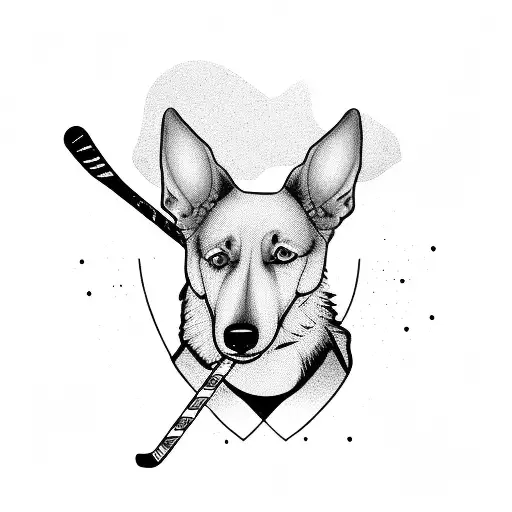 A Silhouette Of A Dog With A Mountain Range And Hockey Sticks In The Background