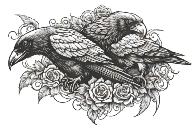 2 Crow Whit Skol And Flesh Tattoo Sheet