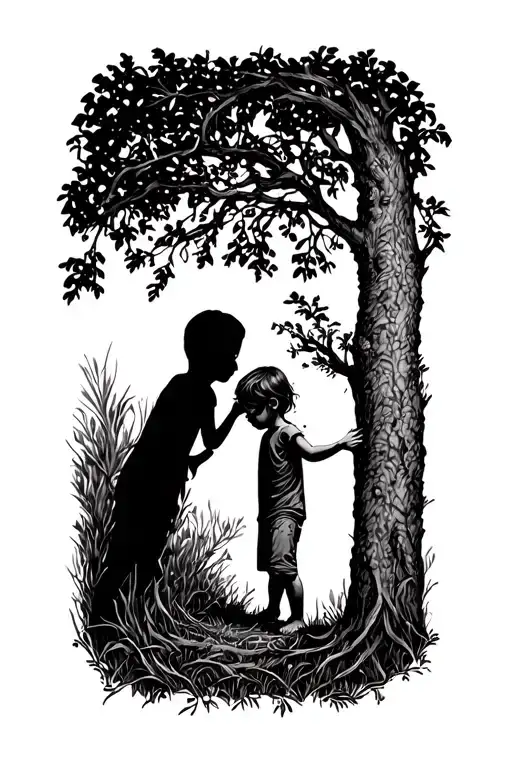 Shadow Of A Child Next To A Tree With One Hand On The Tree