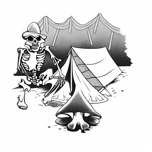 A Skeleton And A Tent With Psychedelic Mushrooms And Colors