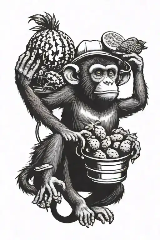 Monkey With Watermelon On Head Holding A Bucket Of Fried Chickens