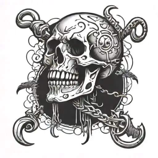 A Stylized Blackwork Tattoo Of A Skull With Fishing Hooks As Teeth