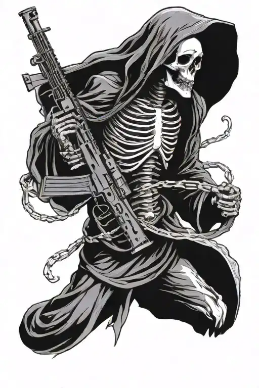 Death In A Black Robe With An Ak Machine Gun In His Bony Hands