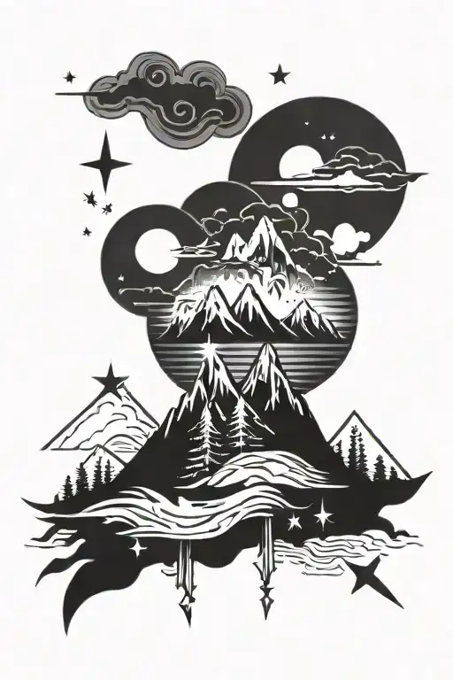 Nature Sun Moon Wave Mountain Arrow Surrounded