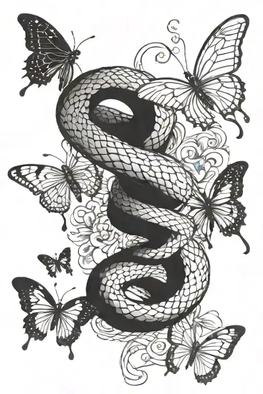 Snake Coiled Up With Butterflies Flying Towards
