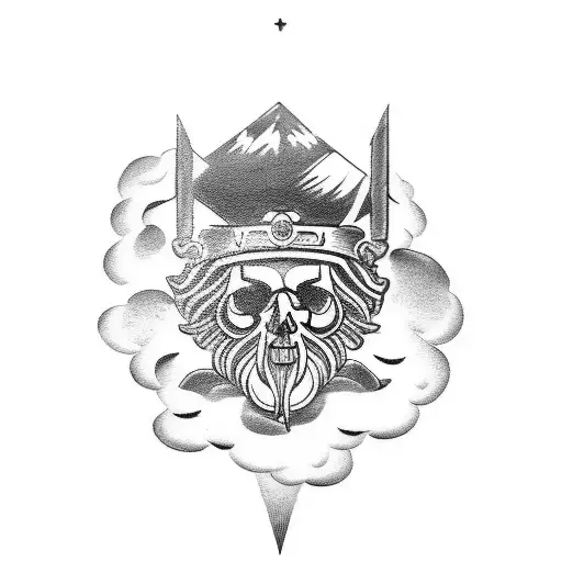 Face Of Zeus And Clouds In The Background And A Skull