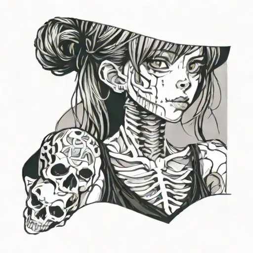 Portrait Of An Anime Girl With A Half-visible Skeleton