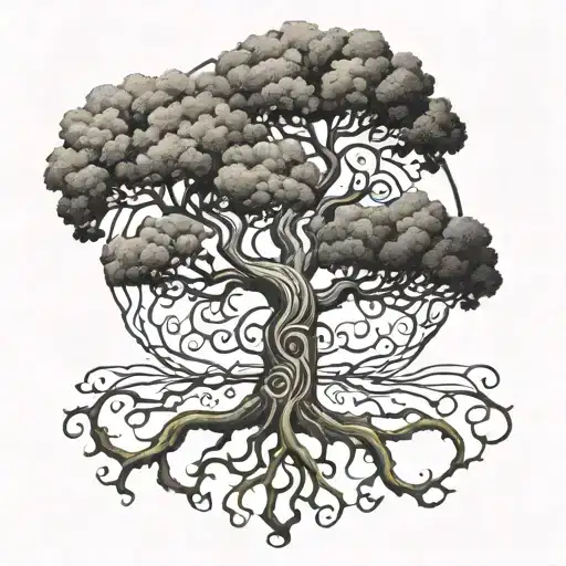 A Tattoo Design Featuring A Family Tree Intertwined With Elements Symbolizing Life And Growth
