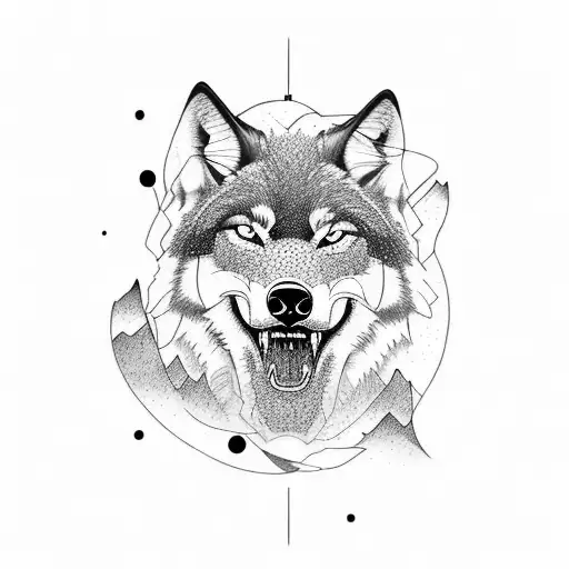 A Dynamic Blackwork Tattoo Of A Wolf Running Through A Mountain Landscape