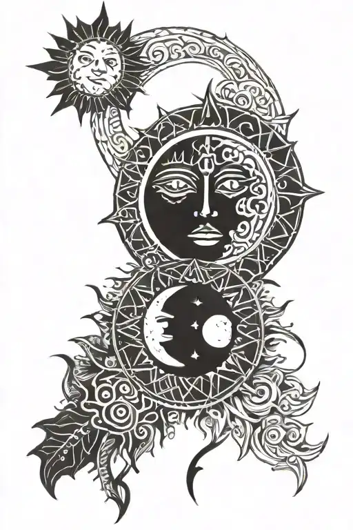 A Celestial-themed Tattoo Featuring The Waxing Gibbous Moon And The Sun In A Tribal Style