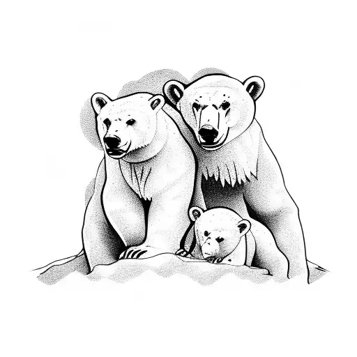 Polar Bear And Two Cubs On Mountains Under Orion