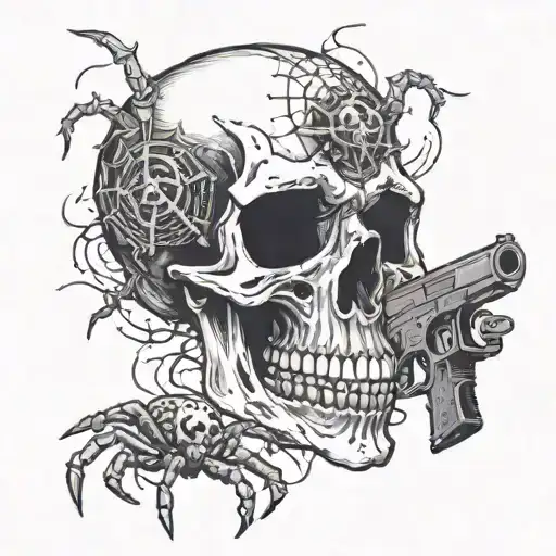 The Skull Holds A Gun In Its Mouth And He Has Spiders Sticking Out Of His Eyes