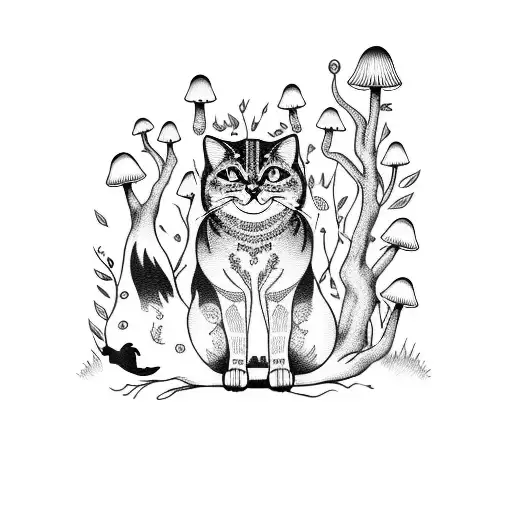 Whimsical Forest Black Cat With Mushrooms