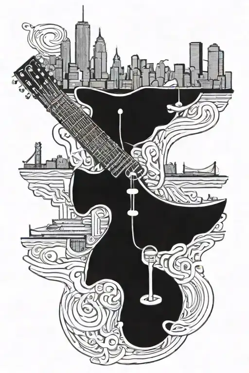 A Surrealistic Composition Of A Guitar Intertwined With The New York City Skyline