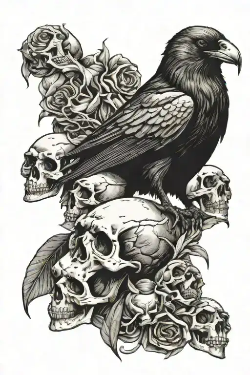Crow Standing On Skulls