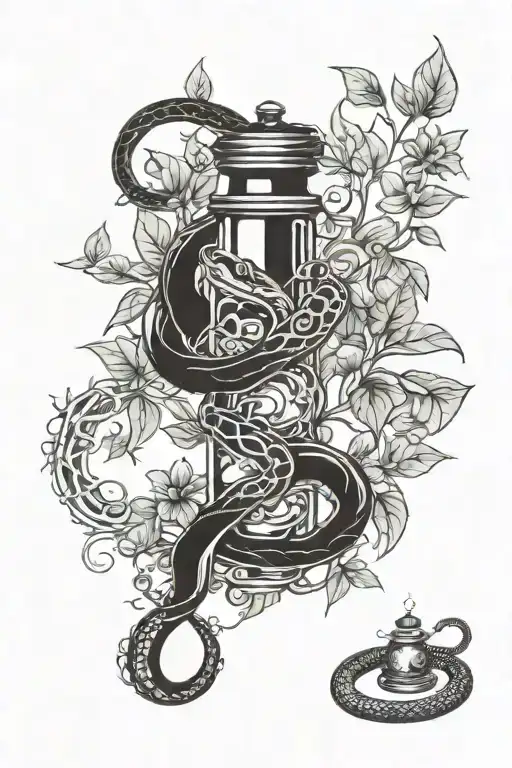 Snake Wrapped Around Vial Surrounded By Vines And Mystical Symbols