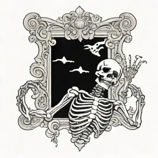 Waving Skeleton With Scrolls Above And Below It