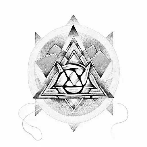 Valknut With Mountains And Norse Knotwork