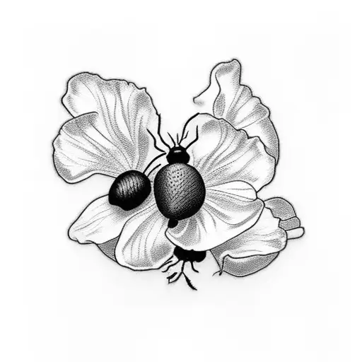 Sweet Pea And Larkspur Flowers Intertwined With A Tiny Ladybug On Them