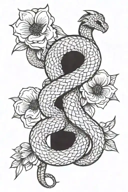 Snake Wrapped Round Spine Tattoo With Flowers